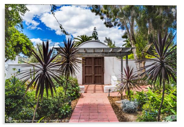 Garden Gate White Adobe Mission San Diego de Alcala California  Acrylic by William Perry