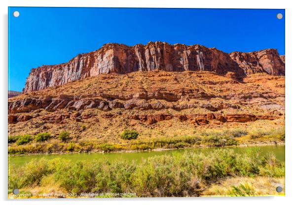 Colorado River Rock Canyon Reflection Green Grass Outside Moab U Acrylic by William Perry