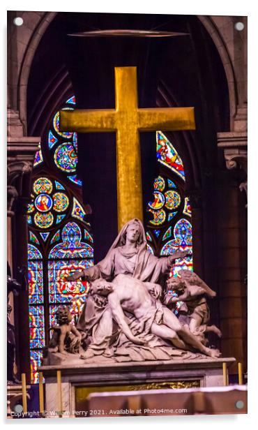 Pieta Statue Cross Stained Glass Notre Dame Cathedral Paris Fran Acrylic by William Perry