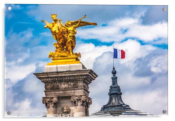 Golden Winged Horse Statue Bridge Flag Grand Palais Paris France Acrylic by William Perry