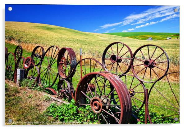 Steel Wheel Fence Green Wheat Grass Blue Skies Palouse Washingto Acrylic by William Perry