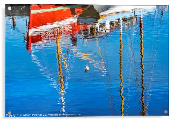 Red White Boats Waterfront Reflection Abstract Inner Harbor Honf Acrylic by William Perry