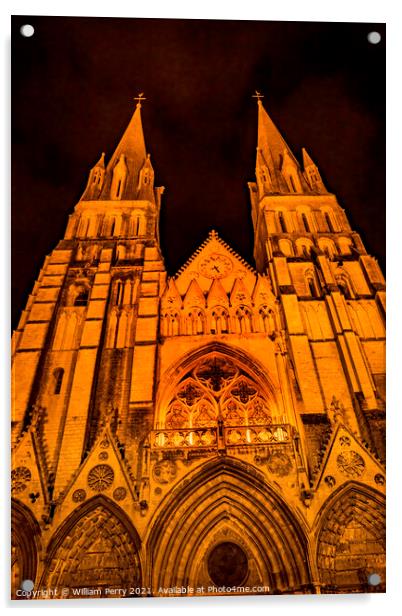 Illuminated Cathedral Facade Night Church Bayeux Normandy France Acrylic by William Perry
