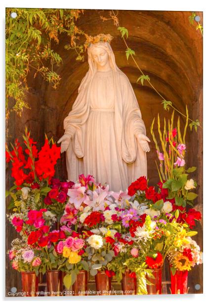Virgin Mary Statue Flowers Garden Mission San Buenaventura Ventu Acrylic by William Perry