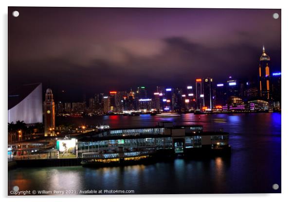 Hong Kong Harbor Clock Tower at Night from Kowloon Star Ferry Acrylic by William Perry