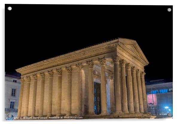 Maison Caree Ancient Roman Temple Night Nimes Gard France Acrylic by William Perry