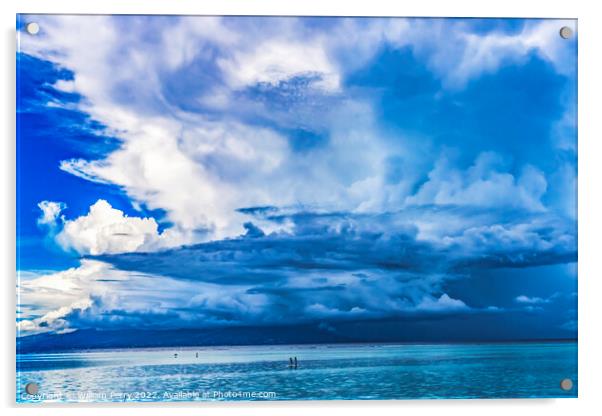 Canoes Tahiti Island Rain Storm Cloudscape Blue Water Moorea  Acrylic by William Perry