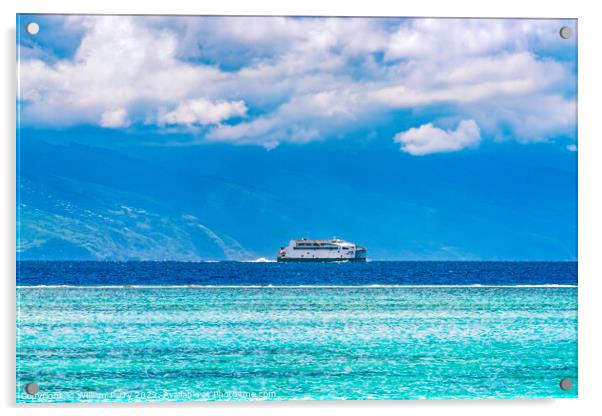 Interisland Ferry From Tahiti Cloudscape Blue Water Moorea  Acrylic by William Perry
