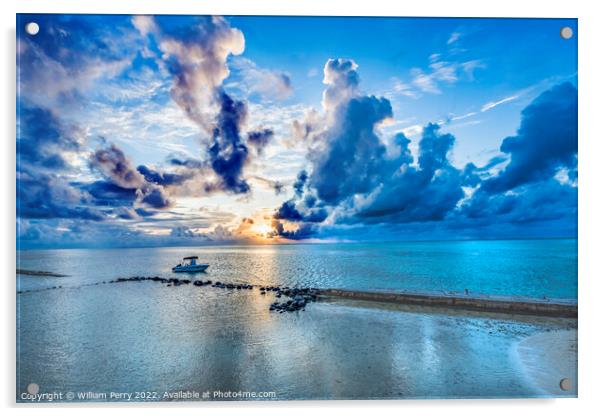 Colorful Sunset Cloudscape Boat Breakwater Blue Water Moorea Tah Acrylic by William Perry