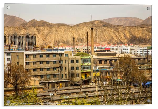 Chinese Factory Chimneys Apartments Gansu Province China Acrylic by William Perry