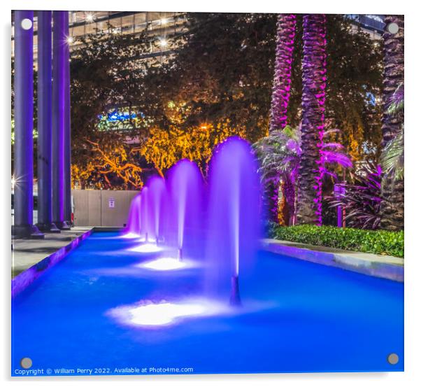 Blue Fountain Night Purple Trees Downtown Miami Florida Acrylic by William Perry
