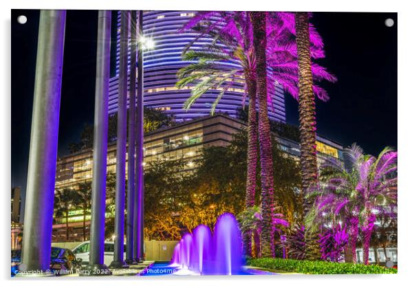 Blue Fountain Night Purple Buildings High Rises  Downtown Miami  Acrylic by William Perry