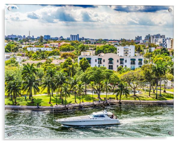 Miami River Water Yacht Downtown Miami Florida Acrylic by William Perry