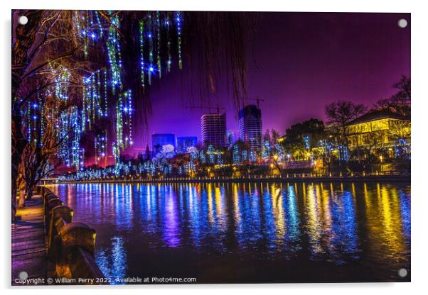 Colorful Grand Canal Buildings NIght Reflection Hangzhou Zhejian Acrylic by William Perry