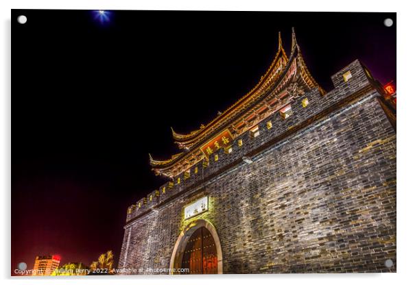 Ancient City Wall Gate Wuxi Jiangsu China Night Acrylic by William Perry