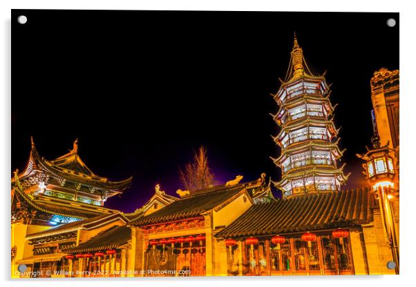Buddhist Nanchang Temple Pagoda Night Illuminated Wuxi Jiangsu C Acrylic by William Perry