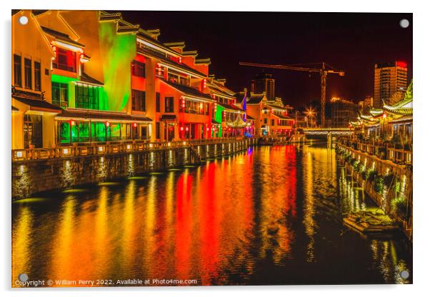 Water Canal Illuminated Night Wuxi Jiangsu China Acrylic by William Perry