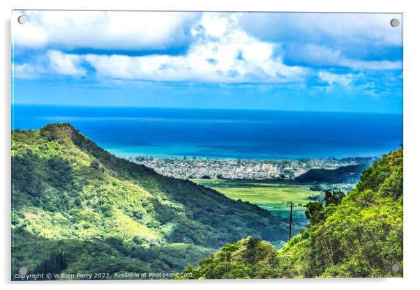 Kailua City Nuuanu Pali Outlook Green Mountains Oahu Hawaii Acrylic by William Perry