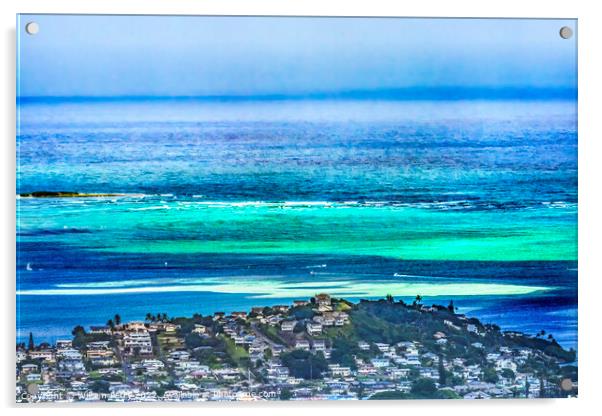 Colorful Sandbar Ocean Kaneohe City Nuuanu Pali Outlook Oahu Haw Acrylic by William Perry