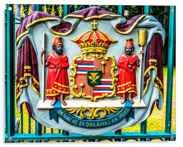 Royal Coat of Arms Iolani Palace Honolulu Oahu Hawaii Acrylic by William Perry