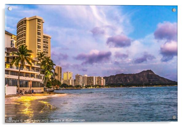 Colorful Waikiki Beach Swimmers Diamond Head Honolulu Hawaii Acrylic by William Perry