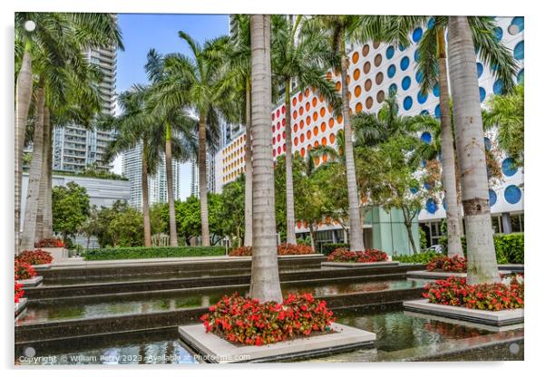 Palm Trees Water Garden Downtown Buildings Miami Florida Acrylic by William Perry