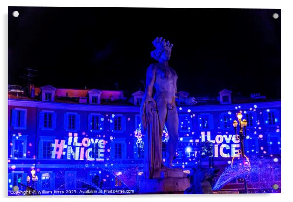 Blue Apollo Statue Sun Fountain Christmas Plaza Massena Cityscape Nic Acrylic by William Perry