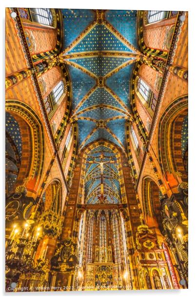 Crucifix Altar Ceiling St Mary's Basilica Church Krakow Poland Acrylic by William Perry