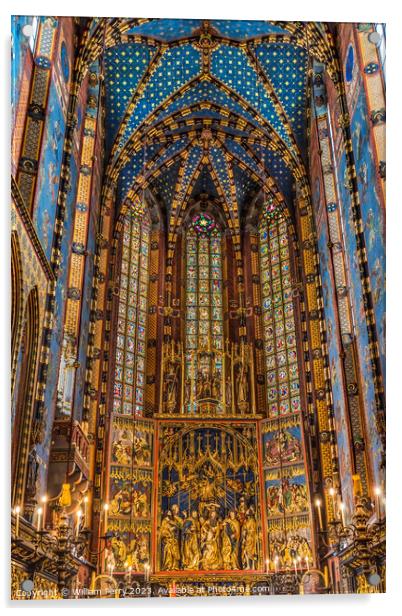 Triptych Altar Ceiling St Mary's Basilica Church Krakow Poland Acrylic by William Perry