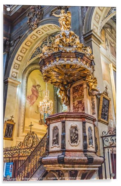 Colorful Pulpit Hospital Hotel -Dieu Chapel Basilica Lyon France Acrylic by William Perry