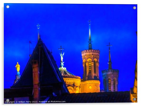 Rooftops Basilica of Notre Dame Illuminated Lyon France Acrylic by William Perry
