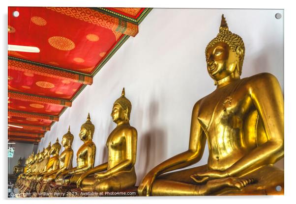 Golden Buddhas Line Phra Rabiang Wat Pho Bangkok Thailand Acrylic by William Perry