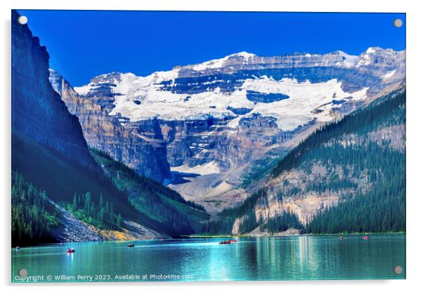 Lake Louise Canoes Snow Mountains Banff National Park Alberta Ca Acrylic by William Perry
