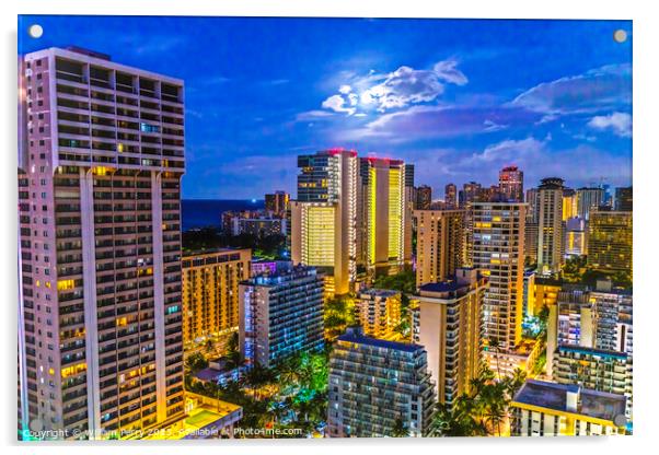 Morning Illuminated Buildings Moon Waikiki Honolulu Hawaii Acrylic by William Perry