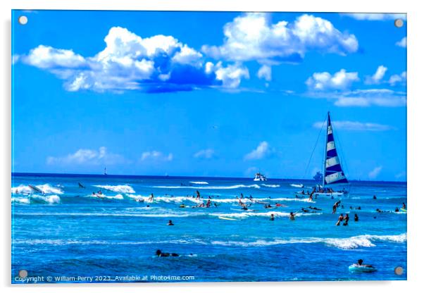 Colorful Sailboat Surfers Swimmers Waikiki Beach Honolulu Hawaii Acrylic by William Perry