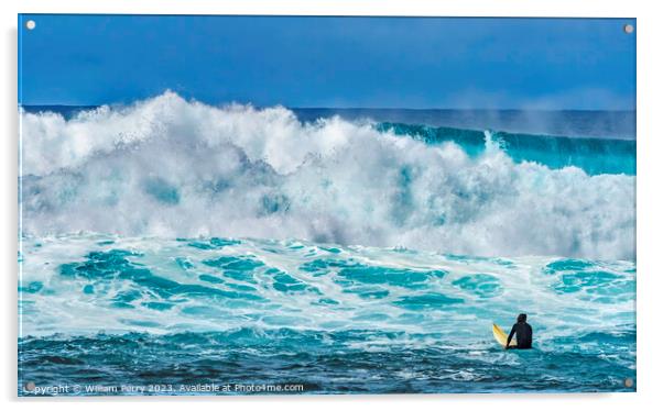 Surfer Looking Large Wave Waimea Bay North Shore Oahu Hawaii Acrylic by William Perry
