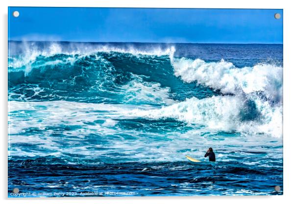 Surfer Looking Large Wave Waimea Bay North Shore Oahu Hawaii Acrylic by William Perry