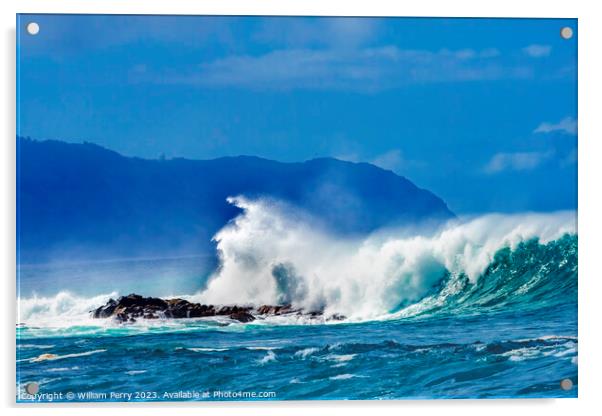 Colorful Large Waves Rocks Waimea Bay North Shore Oahu Hawaii Acrylic by William Perry