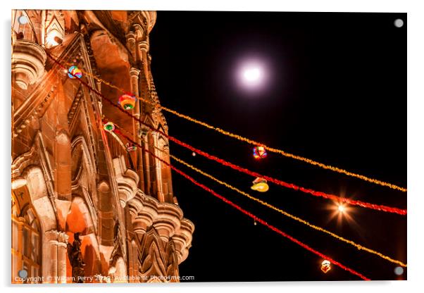 Facade Night Moon Parroquia Christmas Archangel Church San Migue Acrylic by William Perry