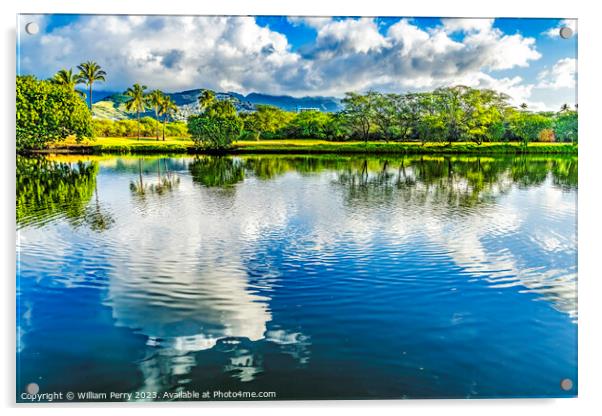 Colorful Green Trees Clouds Ala Wai Canal Reflection Honolulu Ha Acrylic by William Perry