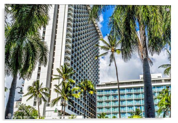 Colorful Hotels Palm Trees Waikiki Beach Honolulu Hawaii Acrylic by William Perry