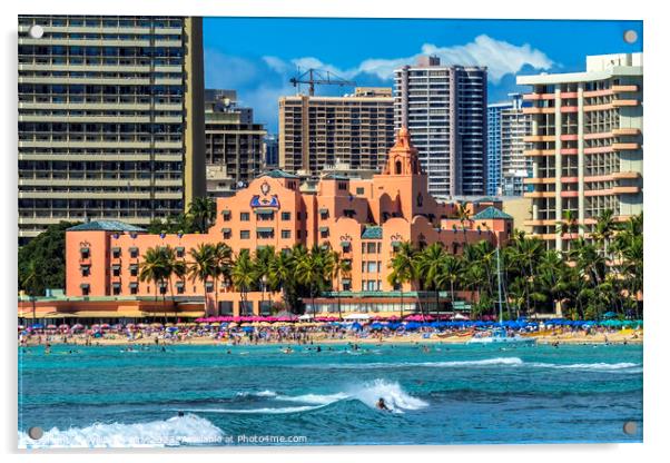Colorful Hotels Swimmers Surfers Waikiki Beach Honolulu Hawaii Acrylic by William Perry