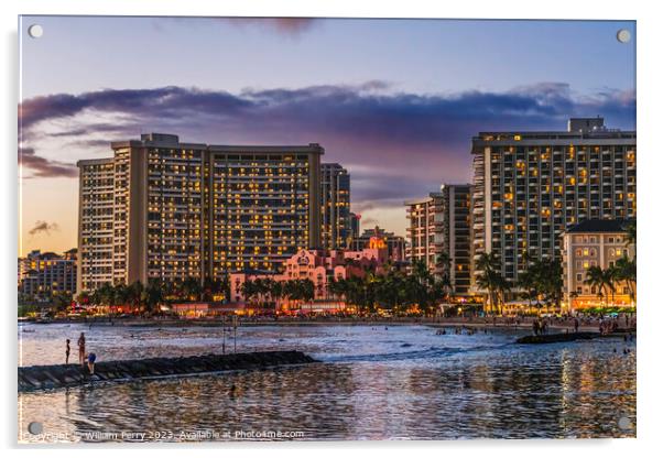 Sunset Ocean Buildings Waikiki Honolulu Hawaii Acrylic by William Perry