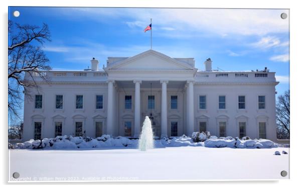 White House Fountain Flag After Snow Pennsylvania Ave Washington Acrylic by William Perry