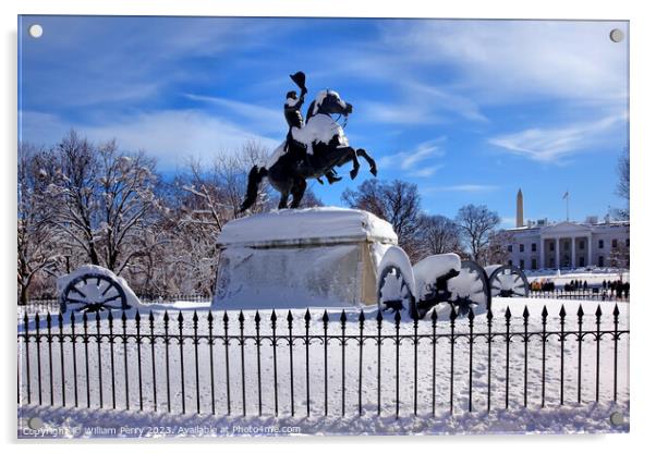 Jackson Statue White House Snow Washington DC Acrylic by William Perry