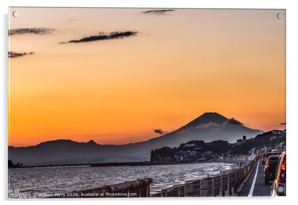 Sunset Cars Highway Mt Fuji Sagami Bay Kamakura Kanagawa Japan Acrylic by William Perry