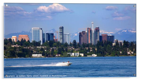 Bellevue Washington from Lake with Mountains Acrylic by William Perry