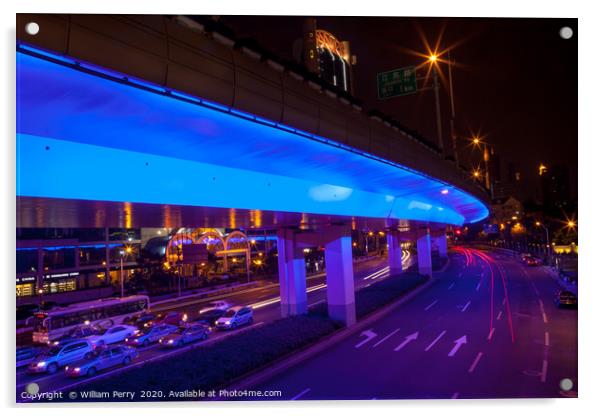 Blue Highway Night Shanghai China Acrylic by William Perry