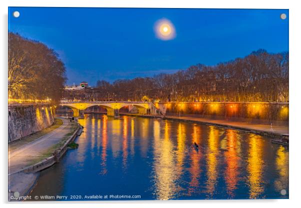 Moon Night Tiber River Rome Italy Acrylic by William Perry