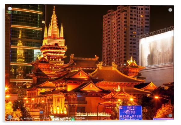 Golden Jing An Temple Shanghai China Night Acrylic by William Perry